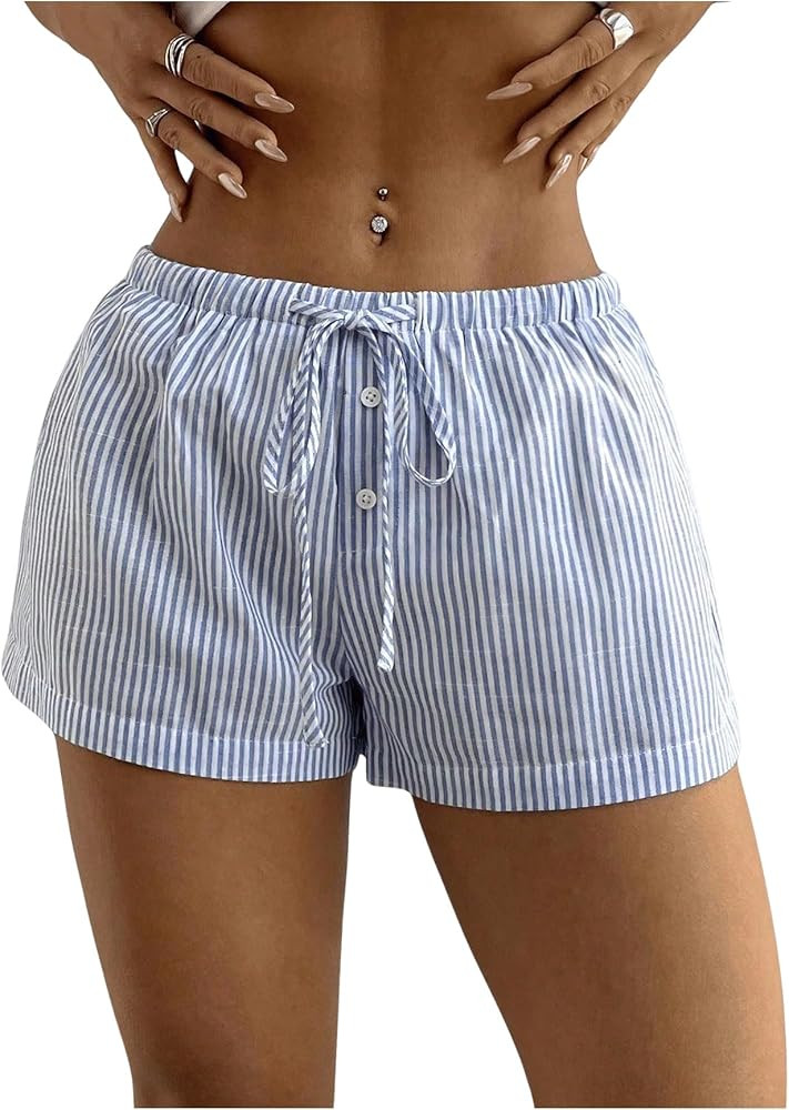 SOLY HUX Women's Striped Print Drawstring Waist Shorts Wide Leg Summer Beach Mini Shorts | Amazon (US)