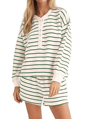 Burtell Women Striped 2 Piece Lounge Sets Casual Button Long Sleeve Sweatshirt Shorts Pajama Sets Loose Shorts Set Loungewear | Amazon (US)