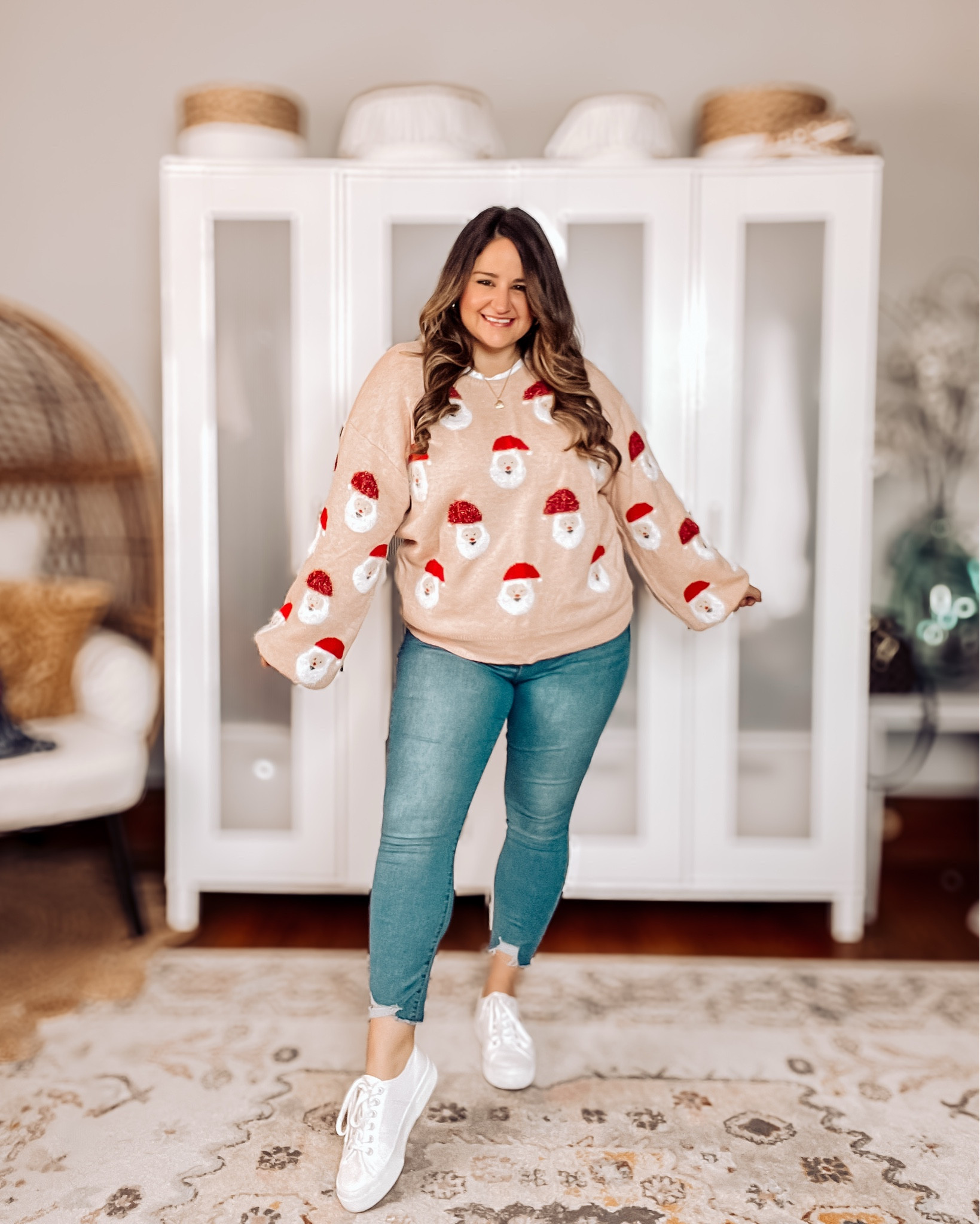 Casual Christmas outfit 🎅🏻 

Pink sweater, midsize, curvy, skinny jeans, Santa sweater 

#LTKMidsize #LTKSeasonal #LTKHoliday