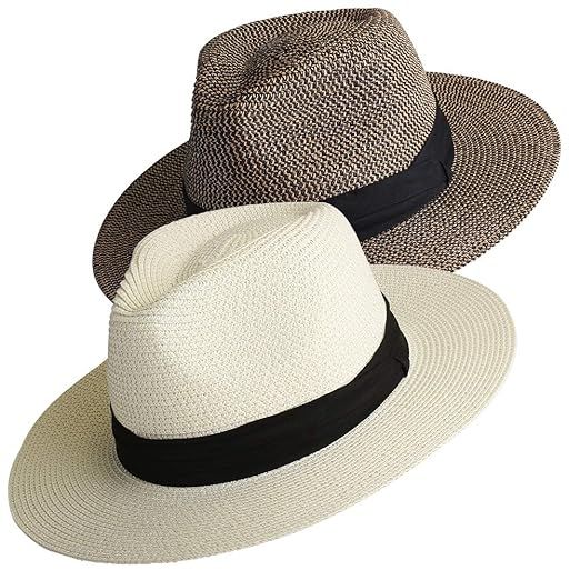Womens Mens Wide Brim Straw Panama Hat Fedora Summer Beach Sun Hat UPF50 | Amazon (US)