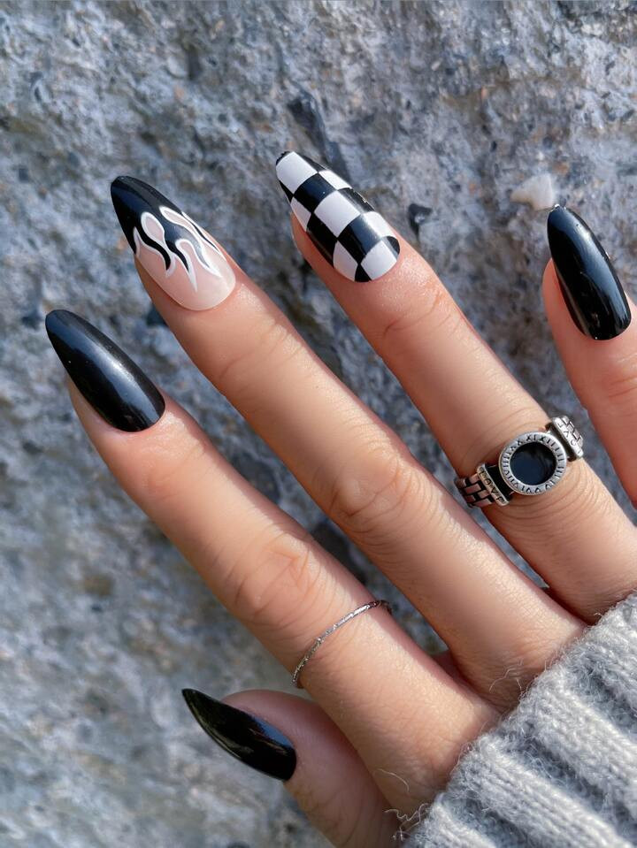 Transformar Teu Unhas Com 24 Peças Comprido Amêndoa Preto Chama Xadrez Unha Falsa & 1 peça Lix... | SHEIN