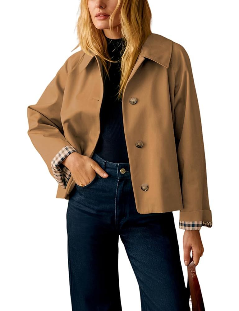 Dqbeng Womens Cropped Trench Coat Classic Collar Oversized Casual Jackets with Checkered Lining | Amazon (US)