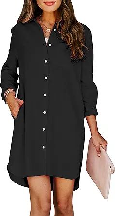 Womens Button Down Shirt Dresses with Pockets Cotton Button Up Tunics Long Sleeve Solid High Low ... | Amazon (US)