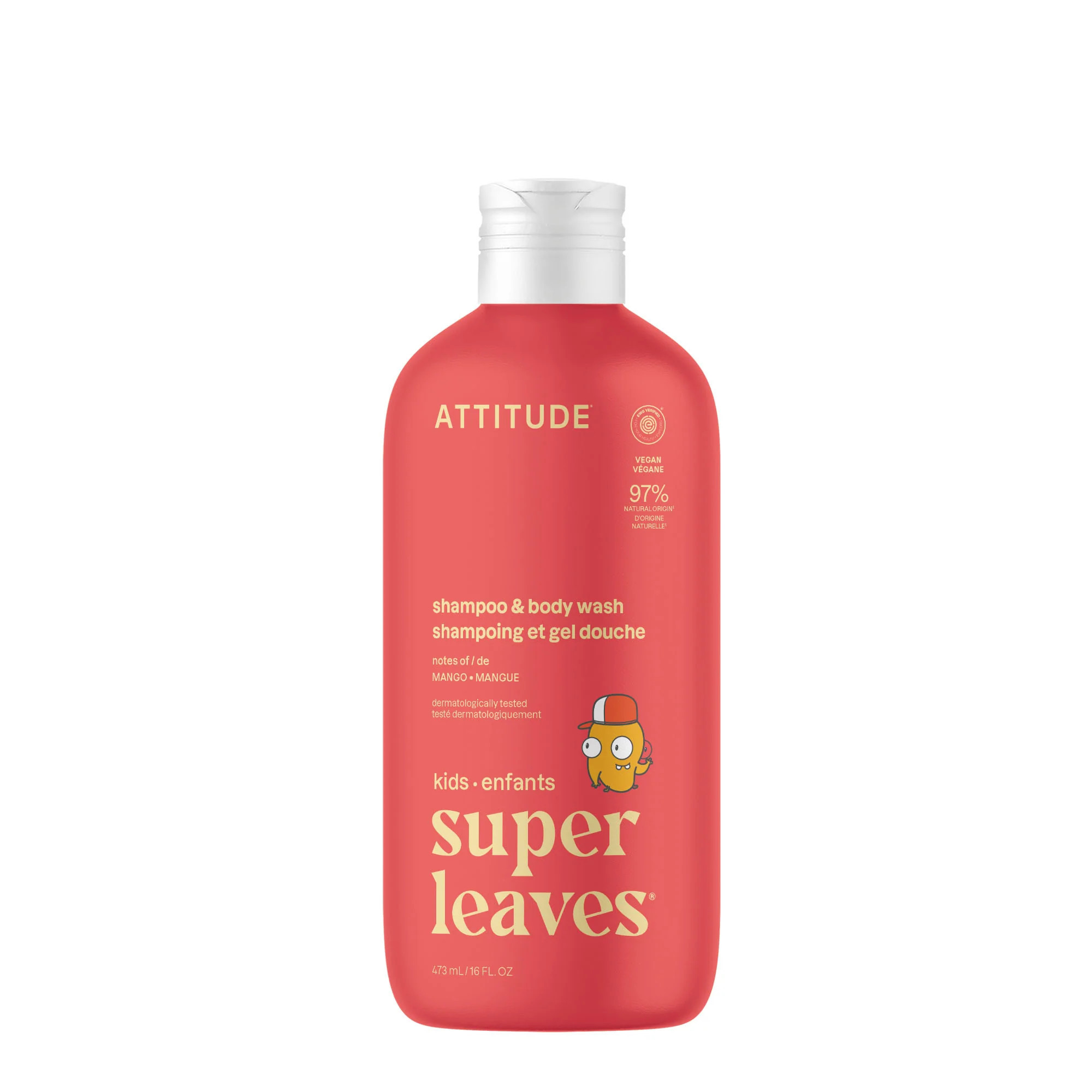 ATTITUDE Shampoo and Body Wash for Kids, EWG Verified Hair and Body Cleanser, Dermatologically Tested Soap, Plant and Mineral Based Bath Products, Vegan, Mango, 16 Fl Oz | ATTITUDE Living