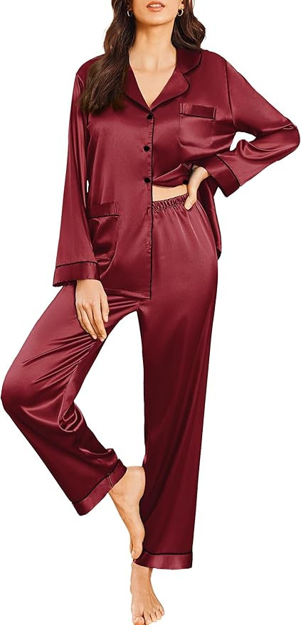 Ekouaer Silk Pajamas for Women Classic Button Down Satin Pajama Sets Long Sleeve Lounge Set | Amazon (US)