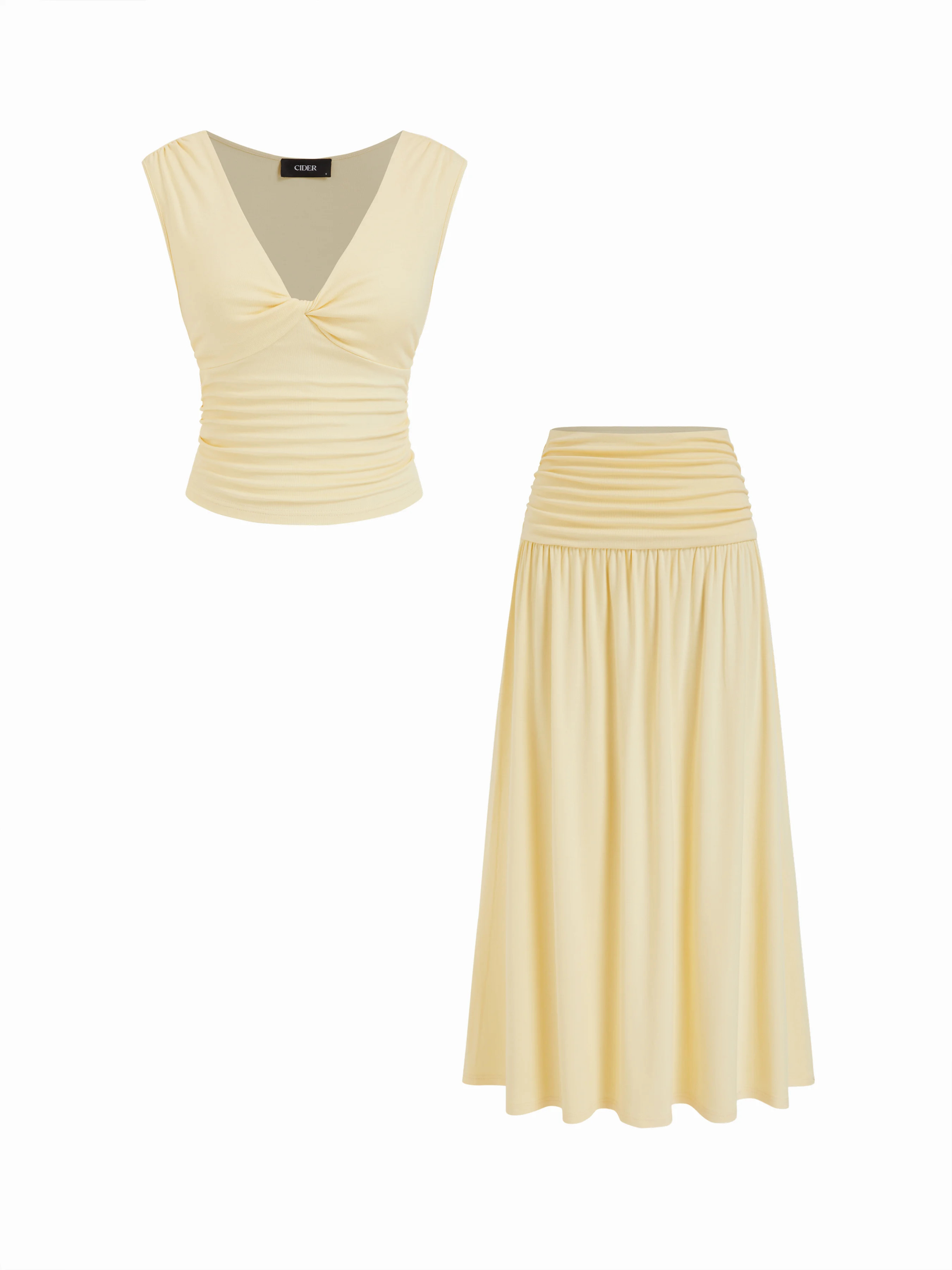 Knit Fabric V-neck Twist Ruched Top & Mid Rise Ruched Flared Maxi Skirt Set For Vacation | Cider