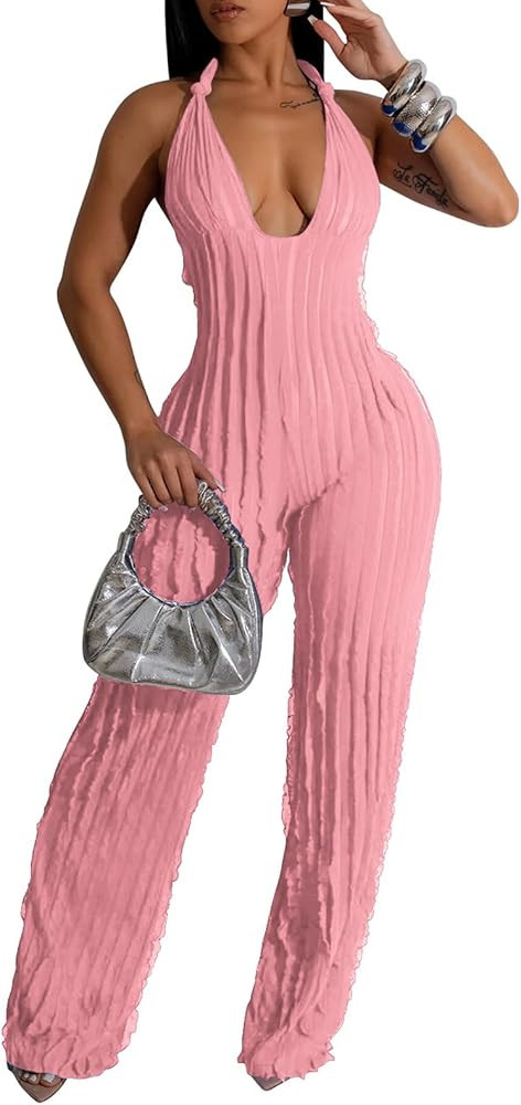 YBSKG Summer Halter Backless Jumpsuits for Women Sexy See Through V Neck Tie Pleated One Piece Wi... | Amazon (US)