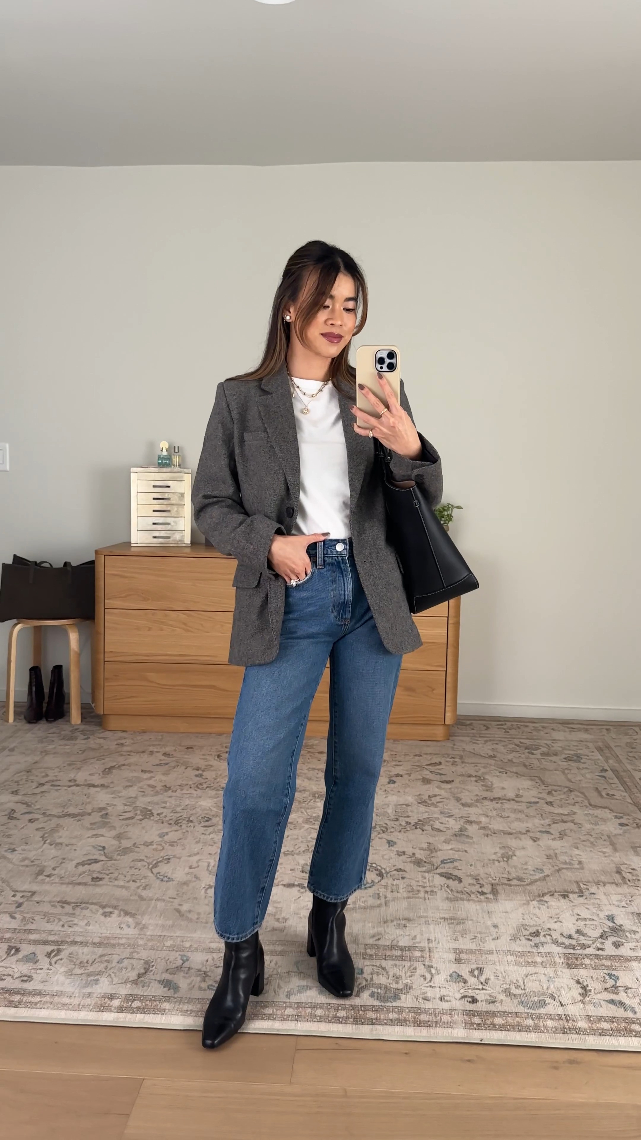 Obsessed with this wool blazer from @Quince! 

Sizing info:  
•Quince Bella Rigid Straight Jeans (Size 24 Short in Horizon Blue) 
•Quince cotton boxy crewneck tee (Size XS in White) 
•Quince Italian Wool Oversized Blazer (Size XS in Textured Brown) 

petite fashion, get dressed with me, outfit inspiration, ootd, nashville outfit, Nashville influencer, petite style, vacation style, casual outfits, mom style, petite pants, fall outfits, fall outfit info, fall pants, fall outfit idea, fall top, fall blazer, fall shoes, quince, petite jeans, quince, quince jeans, fall boots, ankle boots, wool blazer, work blazer 

 #LTKootd #LTKSeasonal #LTKPetite