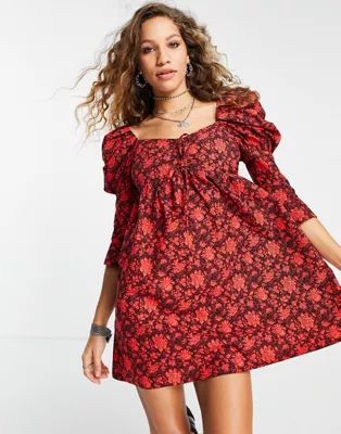 Topshop - Robe courte à manches volumineuses et motif fleuri - Rouge | ASOS (Global)