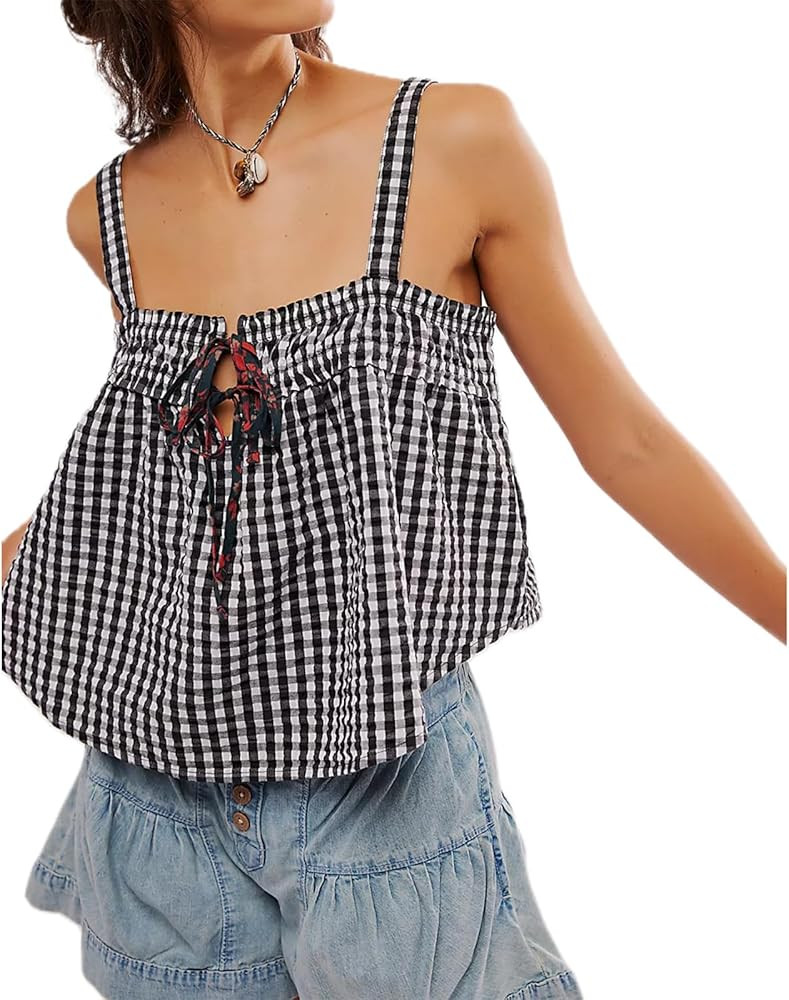 Women Y2K Plaid Cami Tank Top Spaghetti Strap Sleeveless Tie Up Gingham Peplum Shirts Ruffle Hem ... | Amazon (US)