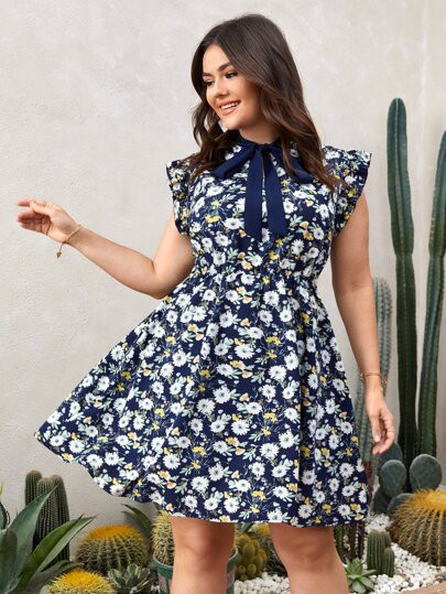 Plus Tie Neck Allover Floral Print Dress | SHEIN