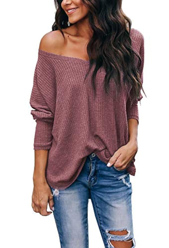 iGENJUN Women's Casual V-Neck Off-Shoulder Batwing Sleeve Pullover Sweater Tops | Amazon (US)