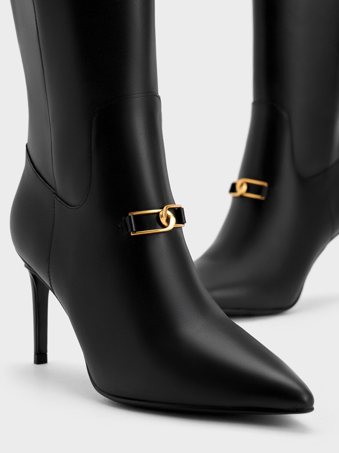 Gabine Leather Heeled Knee-High Boots
 - Black | Charles & Keith UK
