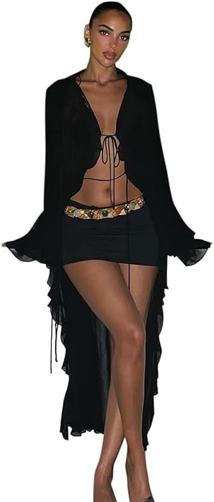 Women's Mesh Sheer Long Flared Sleeve Cardigan Maxi Dress Lace Up Ruffles See Through Beach Cover... | Amazon (US)