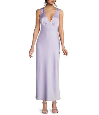 Satin V-Neck Sleeveless Back Drape Dress | Dillard's