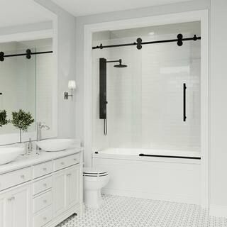 Elan 56 to 60 in. W x 66 in. H Sliding Frameless Tub Door in Matte Black with Clear Glass | The Home Depot