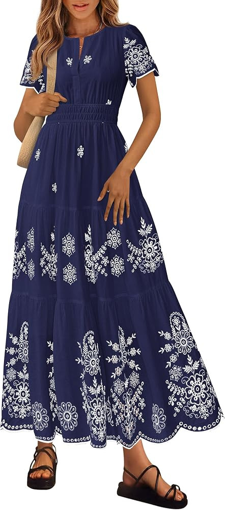 PRETTYGARDEN Summer Dresses for Women 2026 Floral Boho Maxi Spring Casual Short Sleeve V Neck Ela... | Amazon (US)