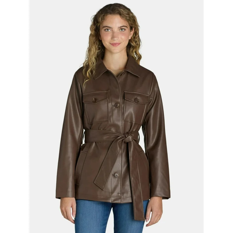 Time and Tru Women's and Women's Plus Faux Leather Cropped Belted Trench, Sizes XS-3X | Walmart (US)