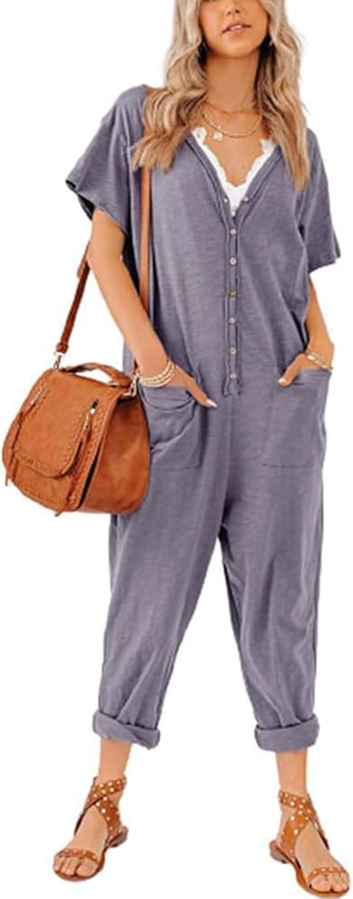 Aoysky Oversize Women's One Piece Button Up Jumpsuit Casual Loose Short Sleeve V Neck Onesies Rom... | Amazon (US)