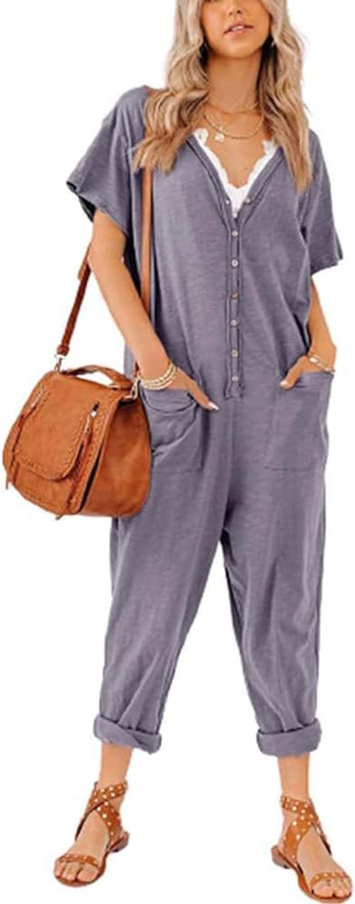 Aoysky Oversize Women's One Piece Button Up Jumpsuit Casual Loose Short Sleeve V Neck Onesies Rom... | Amazon (US)