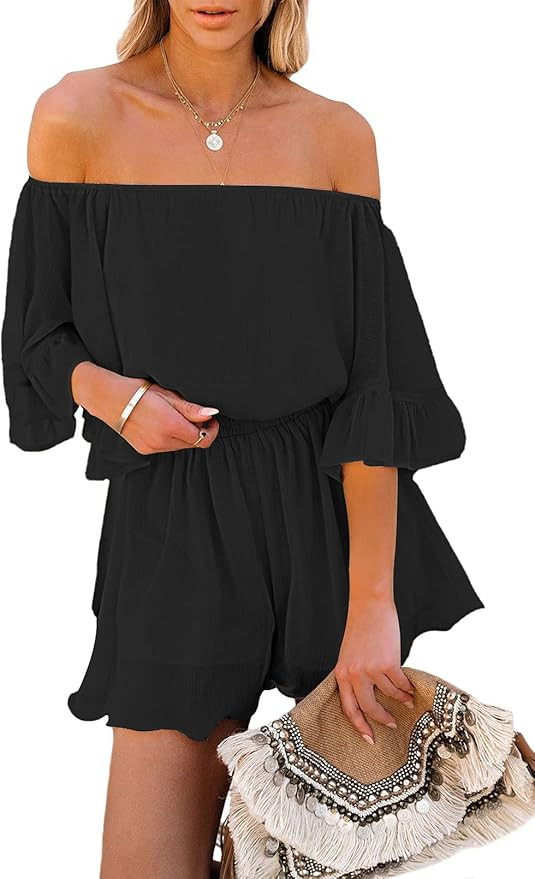 Fixmatti Women Boho Summer Romper Casual Floral Print Off Shoulder Strapless Shorts Jumpsuits | Amazon (US)