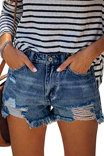 MINGALONDON Ripped Denim Shorts for Women High Waist Casual Frayed Destroy Jeans Short Navy L | Amazon (US)