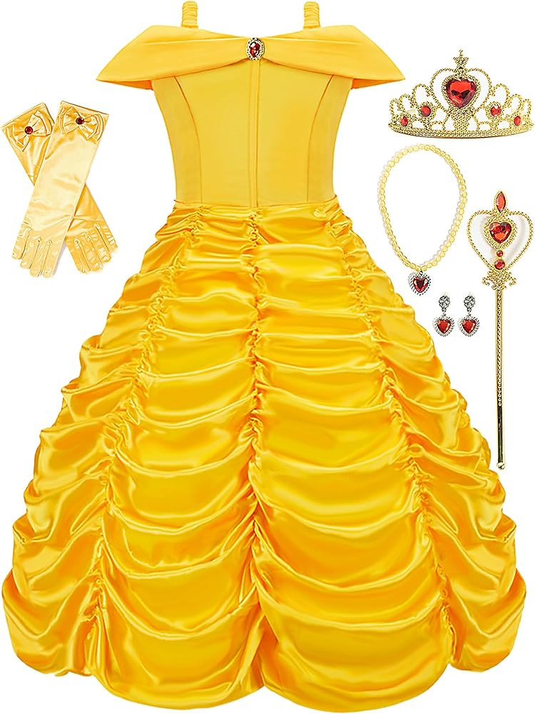 Funna Princess Costume Layered Dress Off Shoulder for Girls Dress Up with Accessories Yellow | Amazon (US)