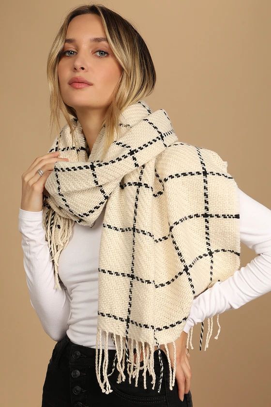 Cozy Afternoon Beige and Black Plaid Knit Scarf | Lulus (US)