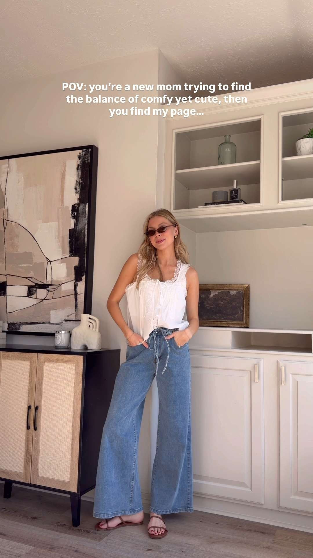 Cute but elevated everyday mom outfits | Wearing M lace top, 4 denim, M denim set, S sweater vest, 4 white denim, M cream cardigan + M boxer shorts 

 