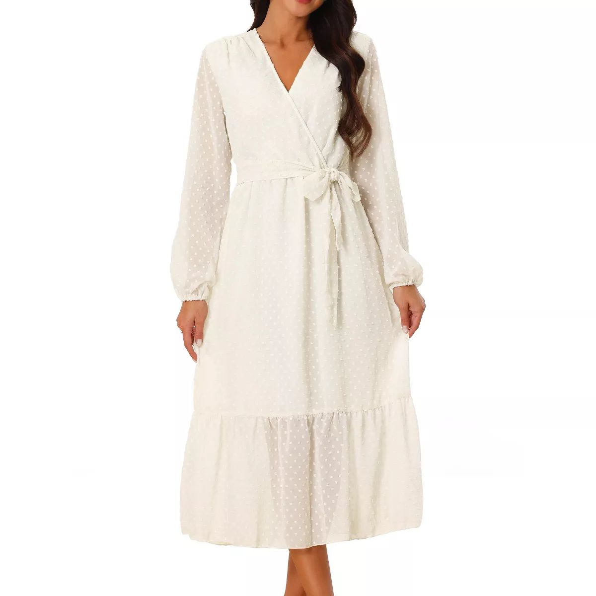 Seta T Women's Swiss Dots Maxi Long Sleeve V Neck Boho High Waisted A-Line Dress | Target