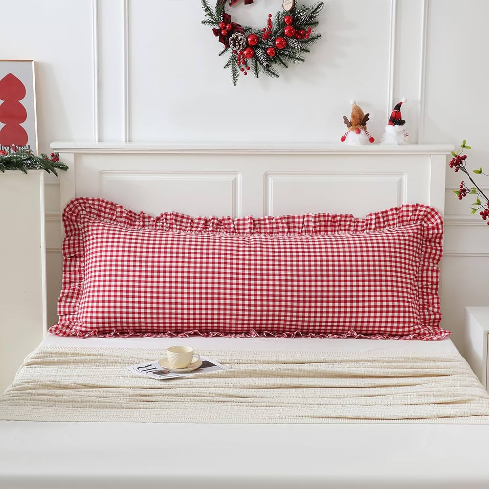 20x54 inches Red/White Gingham Body Pillow Sham 1 Piece, 100% Cotton Ruffled Vintage Pillowcase F... | Amazon (US)
