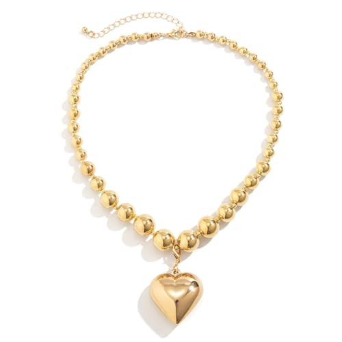 Big Heart Necklace Chunky Puffy Heart Necklace Gold Silver Plated Bead Beaded Necklace for Women Men Jewelry Gift | Amazon (US)