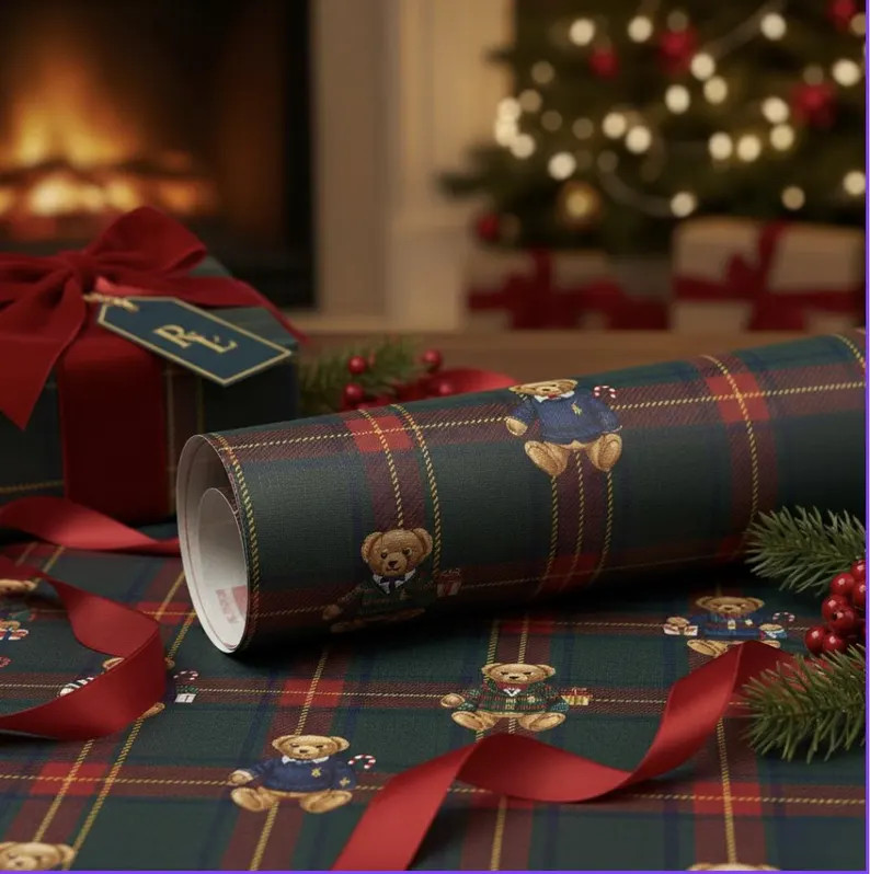 Ralph Lauren Christmas, Dark Tartan Plaid Wrapping Paper, Teddy Bear , Masculine Gift Wrap, Mens ... | Etsy (US)