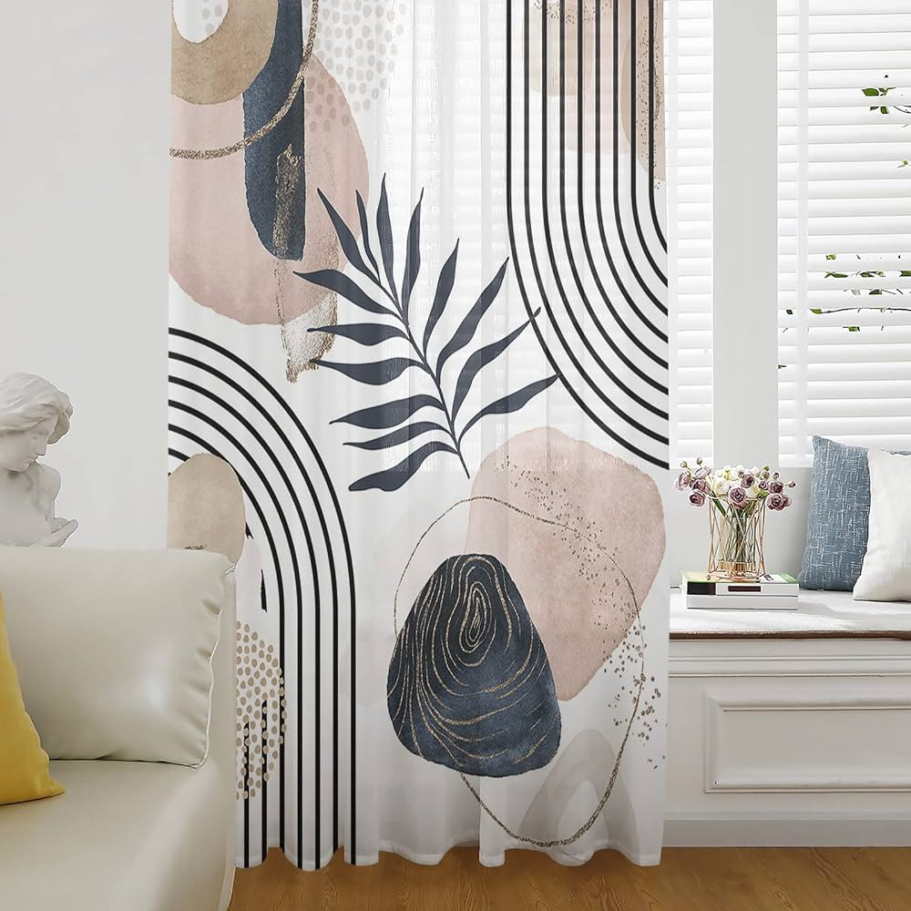 Modern Boho Geometric Window Curtains 63 Inches Long,Semi Sheer Rod Pocket Chiffon Curtains Drape... | Amazon (US)