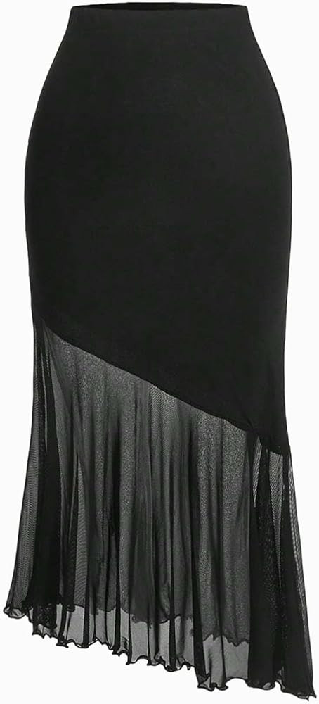 Avanova Women Mesh Asymmetrical Ruffle Mermaid Midi Skirt High Elastic Wasit Bodycon Skirt | Amazon (US)