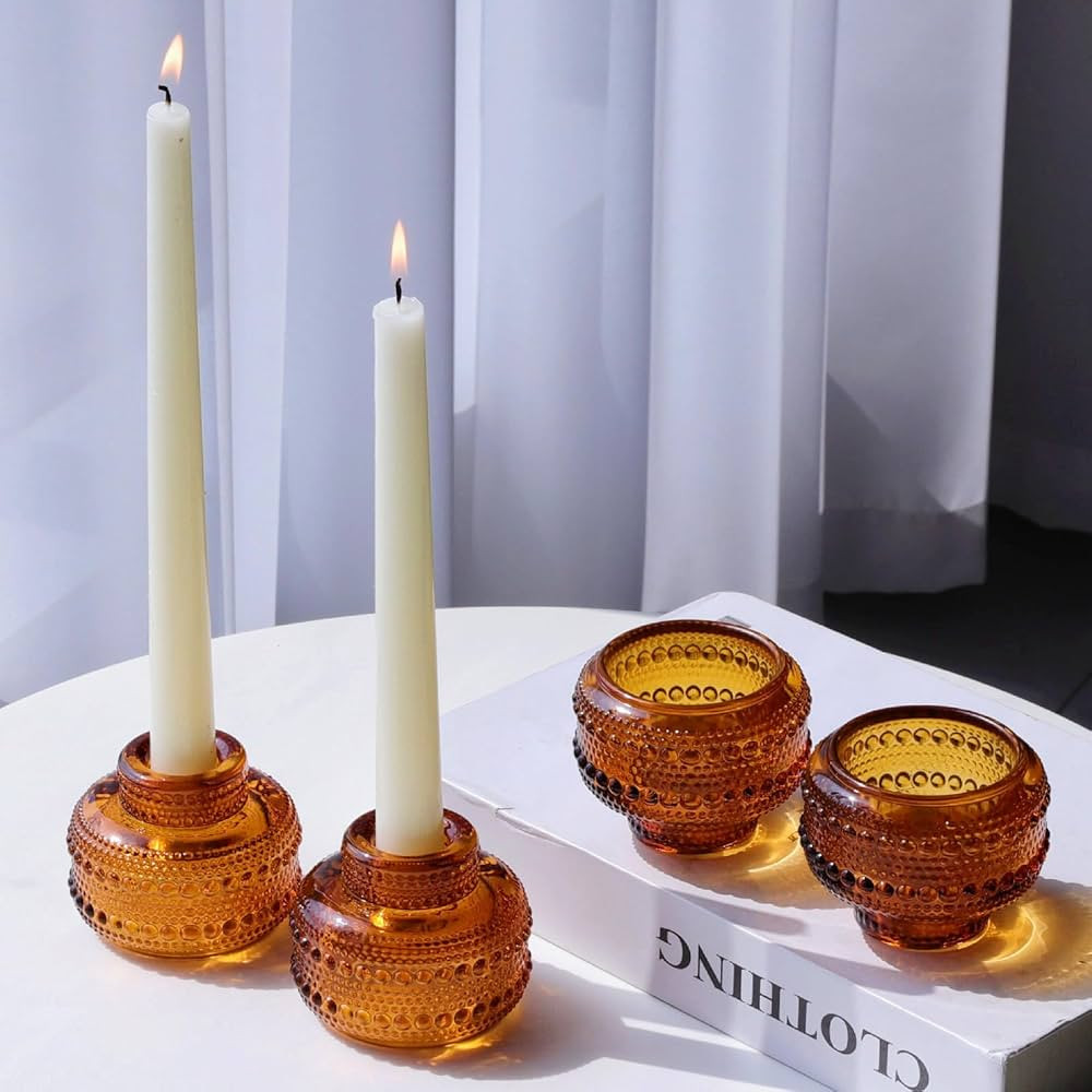 Woho Amber Candlestick Holders Set of 4 for Halloween/Thanksgiving Decorations, Reversible Vintag... | Amazon (US)