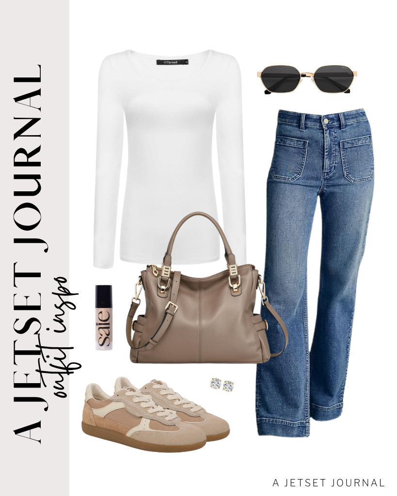 A simple casual outfit featuring a white OThread & Co. long-sleeve top, Astylish straight-leg jeans, Kattee tote, and Sam Edelman sneakers. Finish with Art and Molly stud earrings. 

 #LTKSeasonal #LTKSaleAlert #LTKTravel