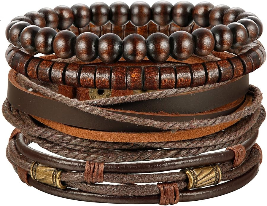 Jstyle 4Pcs Braided Leather Bracelet for Women Mens Cuff Bead Bracelet Set Adjustable Black And B... | Amazon (US)