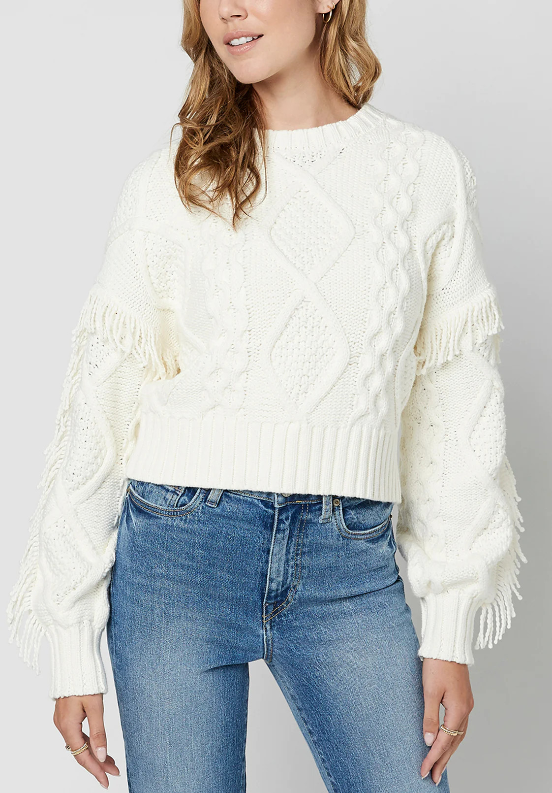Mercina Women's Boxy Fringed Sweater in White - SW0626H | Buffalo David Bitton