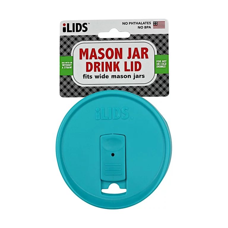 iLids Plastic Drink Lid for Wide Mouth Jars, Aqua Blue, Spill Resistant | Walmart (US)