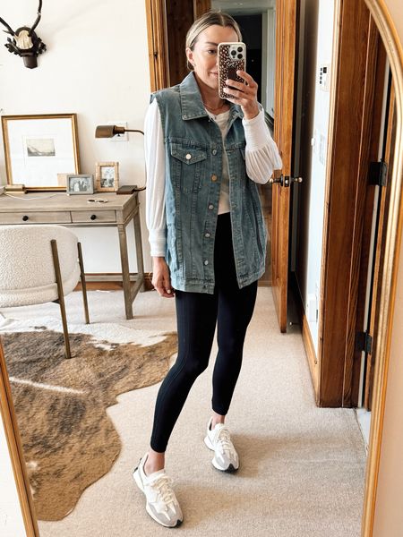 Oversized denim vest from Amazon under $40 and I’m wearing a size small 
Paired with my favorite lululemon leggings

#LTKFindsUnder50 #LTKStyleTip