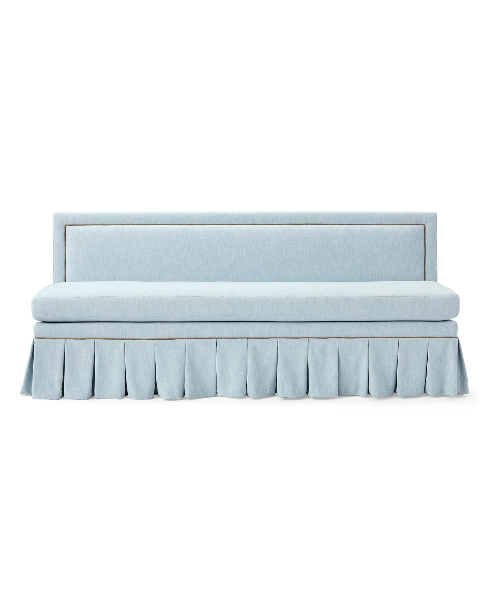 Grady Dining Sofa in Perpetua Sky with Washed Linen Bronze Pipe | Serena and Lily