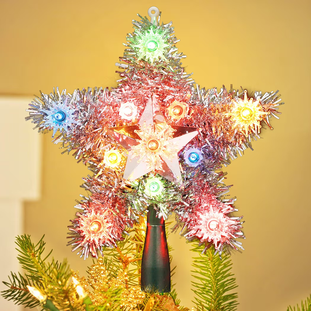 BrizLabs Christmas Star Treetop Lights, 8" 11 Bulbs Reflective Foil Fringe Star Multicolor Lights... | Amazon (US)