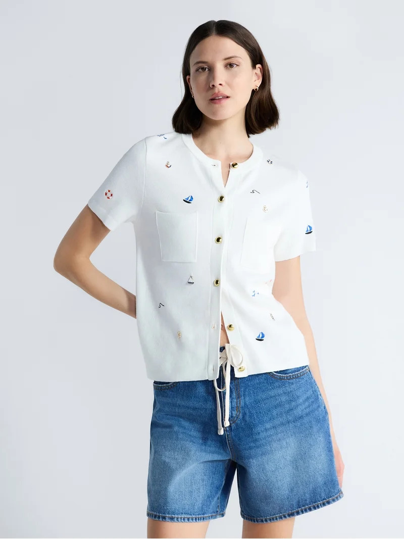 Free Assembly Women's and Women's Plus Embroidered Cardigan Sweater with Short Sleeves, Sizes XS-... | Walmart (US)