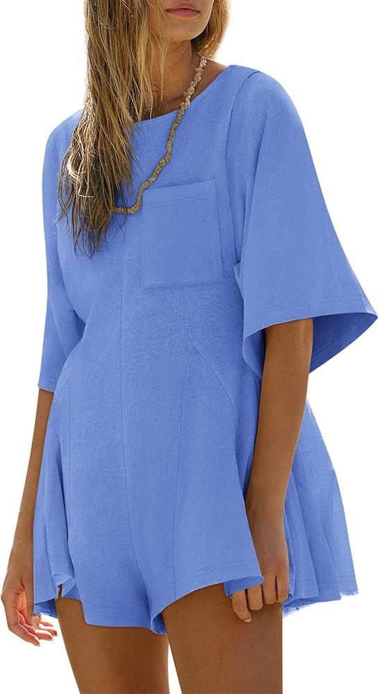 Yousify Rompers for Women Summer Outfits Slim Fit Short Sleeve Crew Neck Jumpsuits with Pocket | Amazon (US)