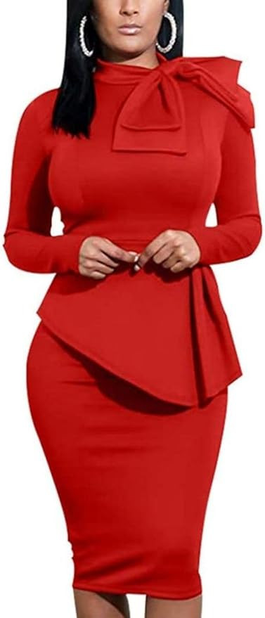Women's Peplum Bodycon Long Sleeve Wear to Work Dresses Bow Party Club Ruffle Formal Cocktail Pen... | Amazon (US)