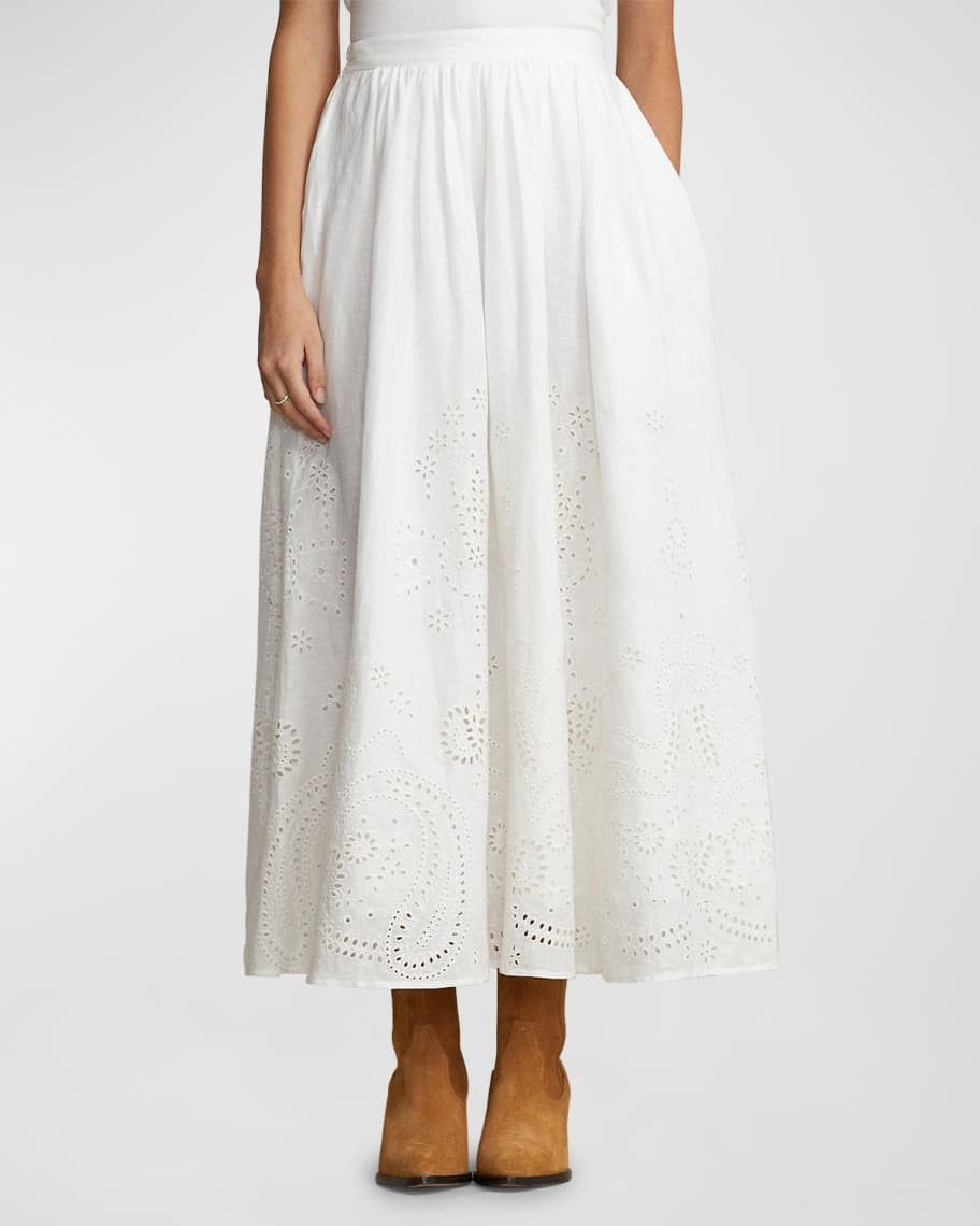 Polo Ralph Lauren Eyelet Linen Midi Skirt | Neiman Marcus