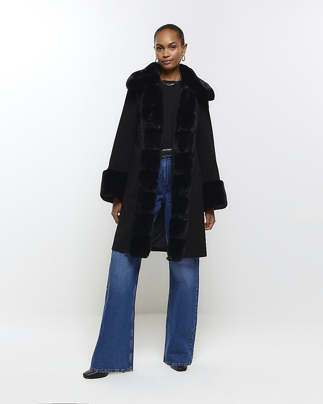 Black faux fur trim coat | River Island (UK & IE)