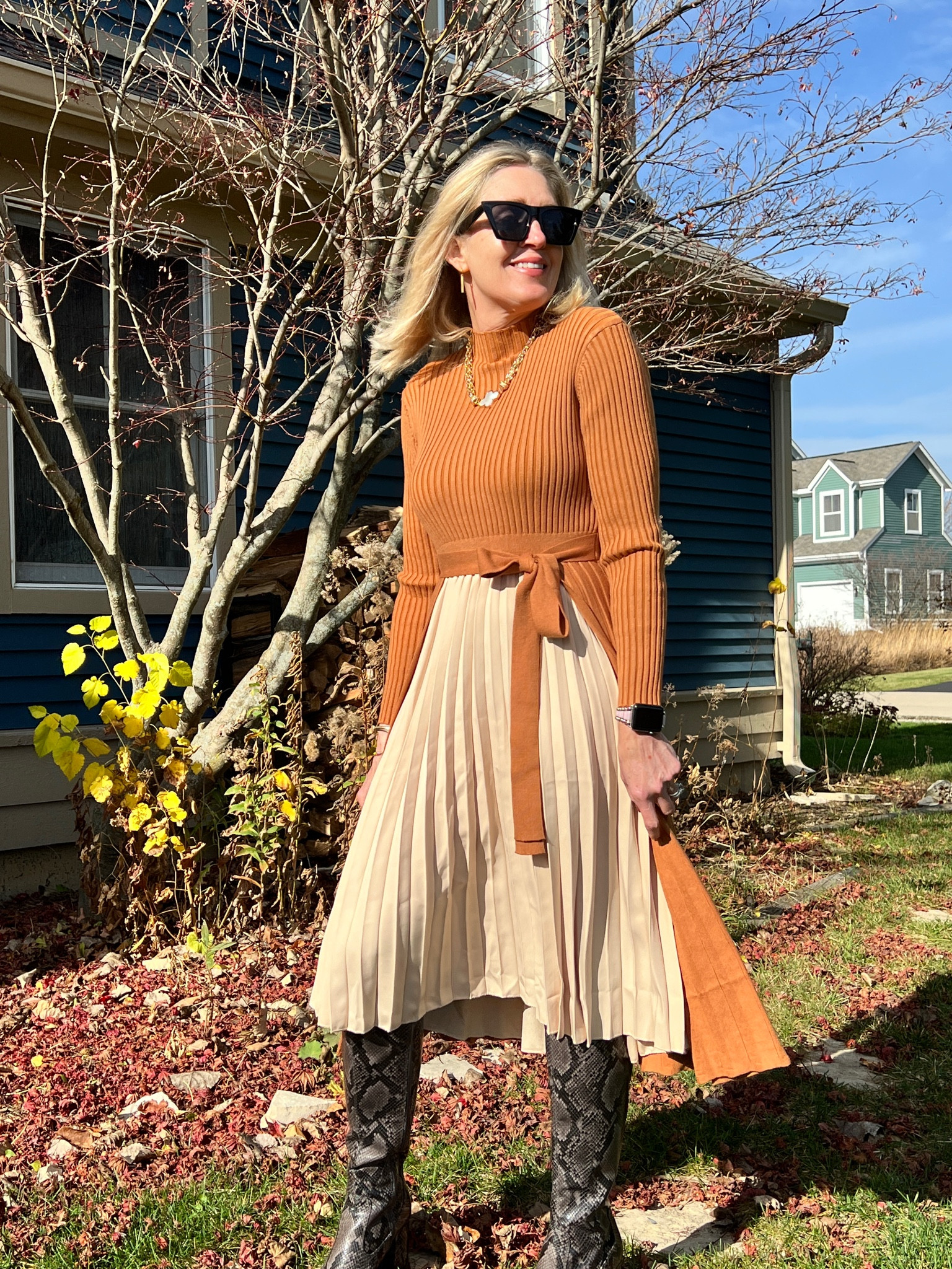 Thanksgiving outfit. Pleated knit two tone dress. Snakeskin boots.


#LTKHoliday #LTKshoecrush #LTKunder100