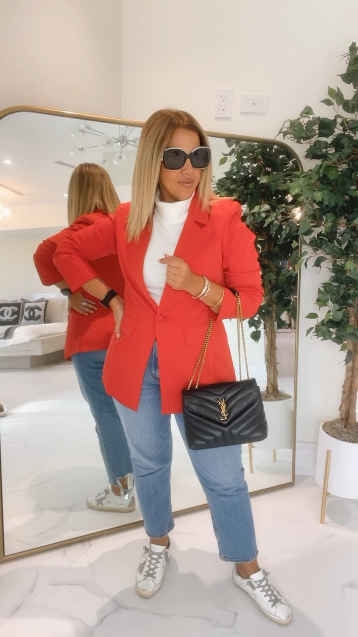 Red blazer, Amazon blazer, valentines fashion, white turtleneck, white sweater, Abercrombie denim, Abercrombie jeans, golden goose sneakers, white sneakers, YSL bag, loulou handbag 

#LTKFind #LTKsalealert #LTKunder50